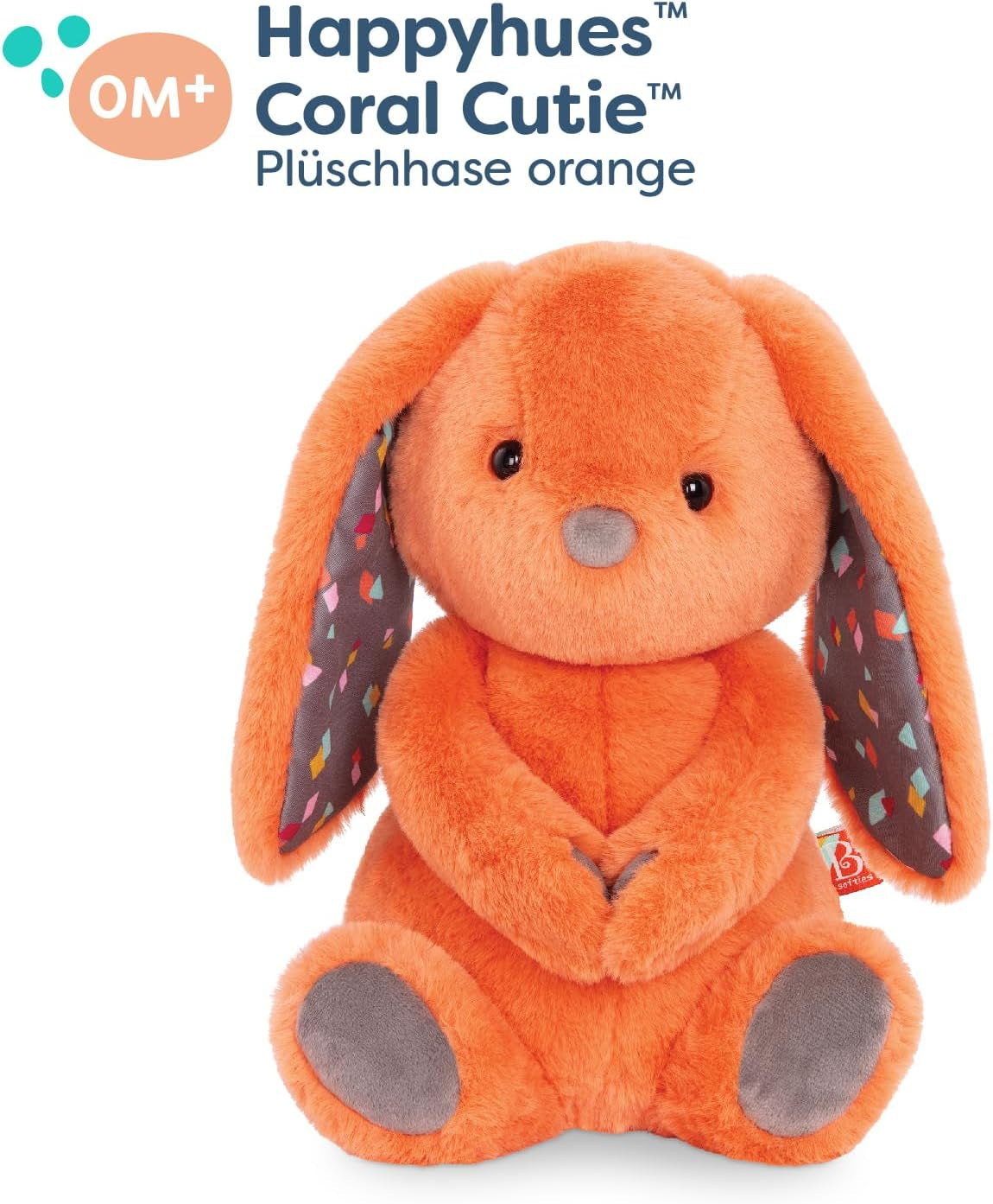 B. Toys Happyhues Coral Cutie, Plüschhase, Waschmaschinenfest | Orangener Plüschhase Mit Gemusterten Schlappohren Und Hellgrauen Pfoten, 30 Cm Groß, Weich Und Pflegeleicht, 0+ Monate