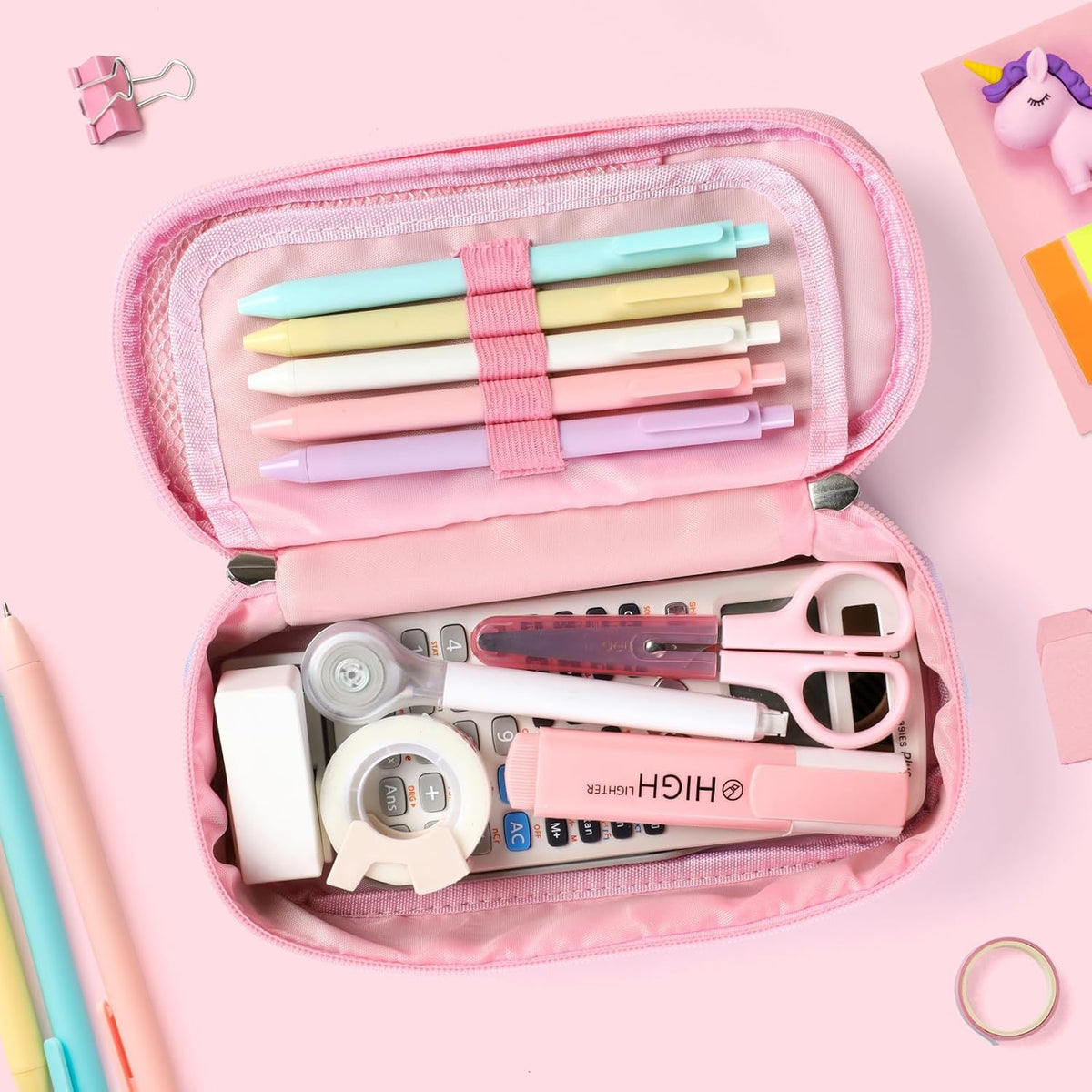 Federmäppchen Mädchen - Große Kinder Federtasche Für Kita & Schule | Robust, Wasserabweisend, Mäppchen Mäppchen Mit 2 Fächern, Netztasche & Stifthalter Für Schnelle Ordnung, Glitzer Rosa Einhorn