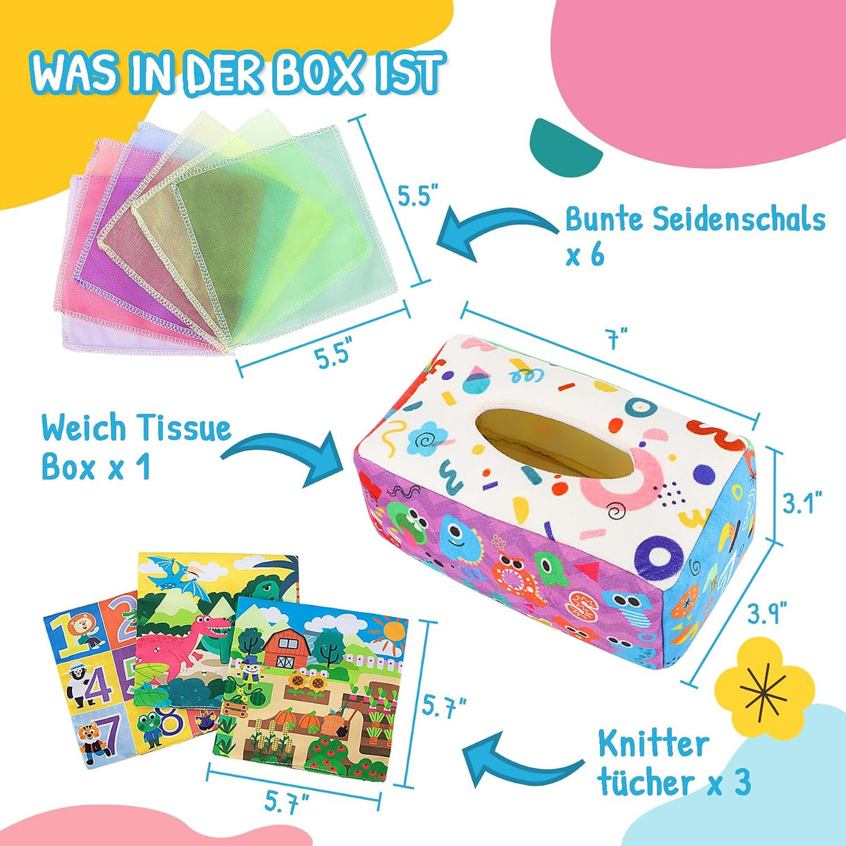 URMYWO Baby Spielzeug 6 Monate,Tissue Box Spielzeug - Montessori - Sensorik, Kontrast Babyspielzeug 0 6 12 Monate, Junge Mädchen Kinder Frühes Lernspielzeug Baby Geschenk