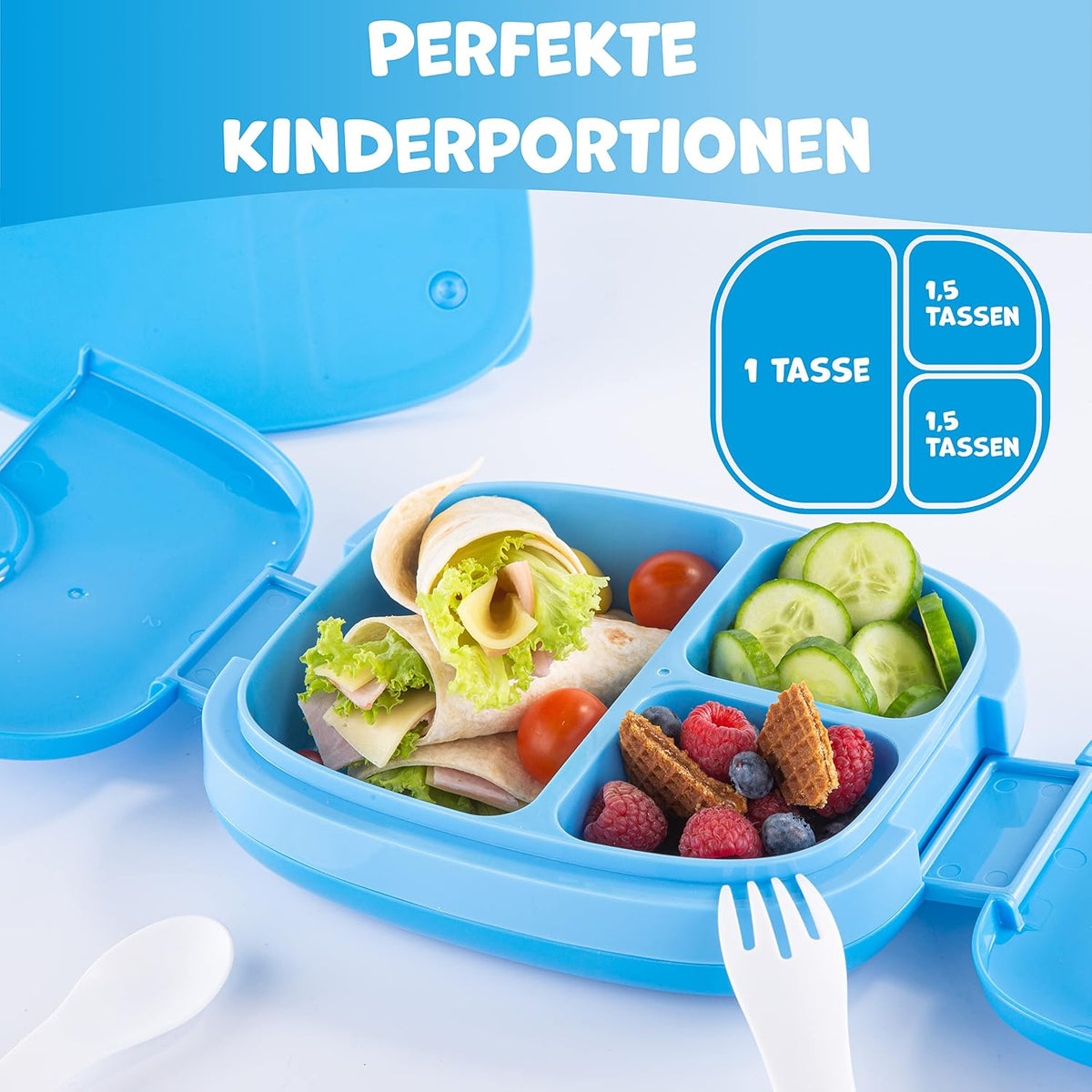 Umami Bento Box Kinder, 3 Fächern, Besteck, Auslaufsicher, 3 Bis 9 Jahre | 800Ml, Bpa-Frei, Spülmaschinenfest, Leicht Zu Öffnen Für Kleine Hände, Für Schule, Kindergarten, Blau