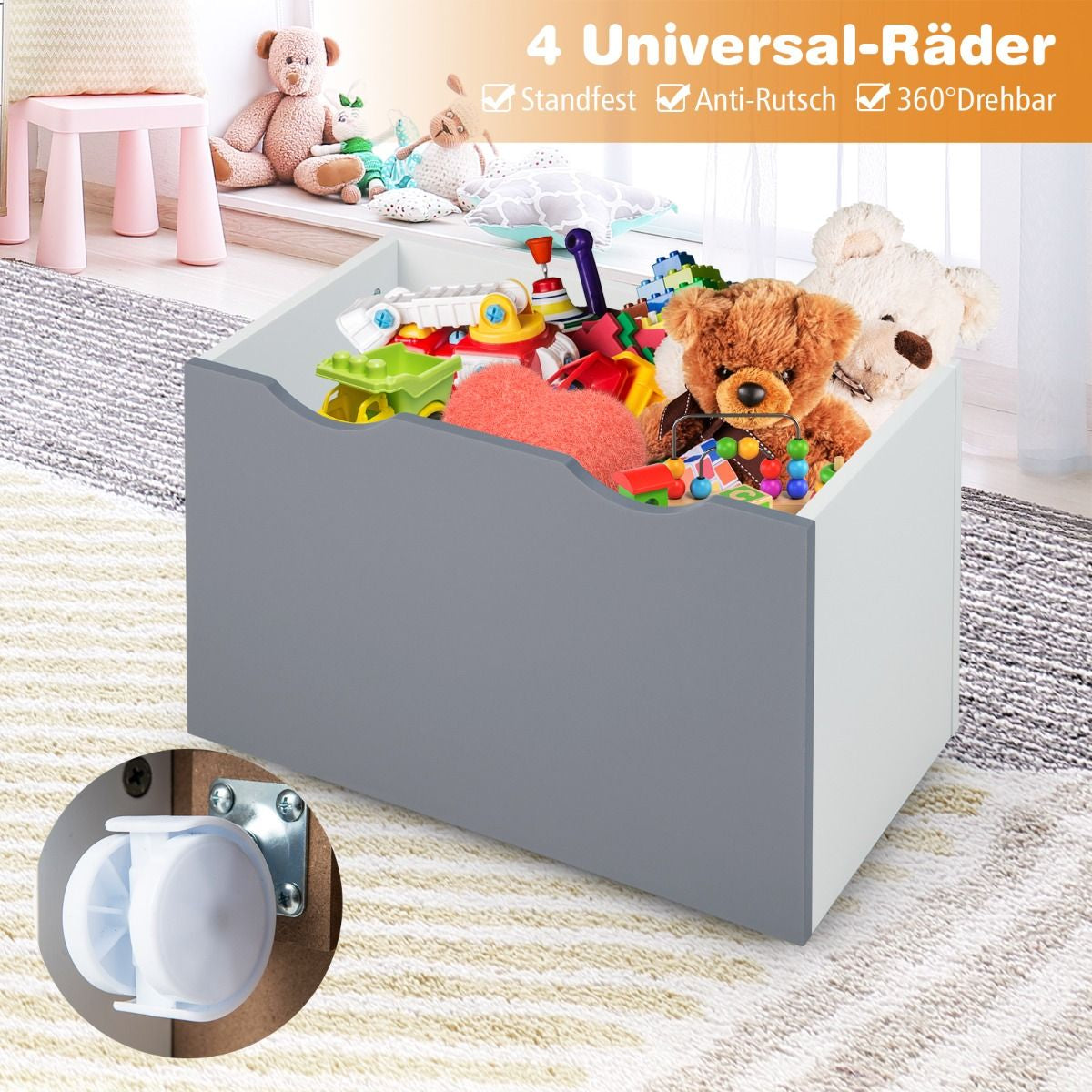 Kinderregal Mit 3 Ablagen & Rollender Spielzeugkiste Kinder Bücherregal Grau + Weiß