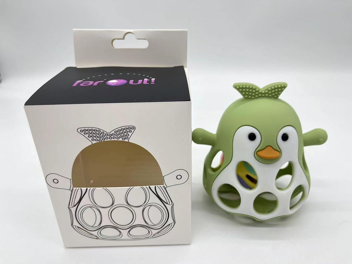 Farout Pinguin Rassel - Beißring Baby & Montessori Spielzeug - Motorikspielzeug Babyrassel Für 3 Monate - Babyspielzeug Ab 3 Monate, Geschenk Für Jungen & Mädchen. (Olive)