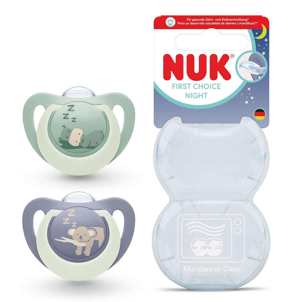 NUK First Choice Night Baby Schnuller | 6-18 Monate | Orthodontische Schnuller, Die Im Dunkeln Leuchten | Beruhigt 99% Aller Babys** | Nilpferd/Koala | 0-2 Stück