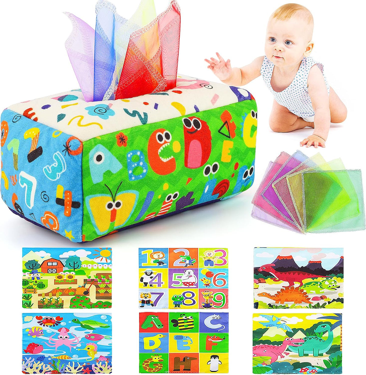 URMYWO Baby Spielzeug 6 Monate,Tissue Box Spielzeug - Montessori - Sensorik, Kontrast Babyspielzeug 0 6 12 Monate, Junge Mädchen Kinder Frühes Lernspielzeug Baby Geschenk