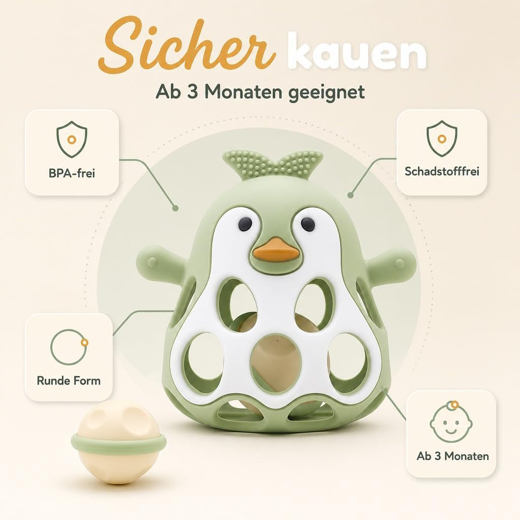 Farout Pinguin Rassel - Beißring Baby & Montessori Spielzeug - Motorikspielzeug Babyrassel Für 3 Monate - Babyspielzeug Ab 3 Monate, Geschenk Für Jungen & Mädchen. (Olive)