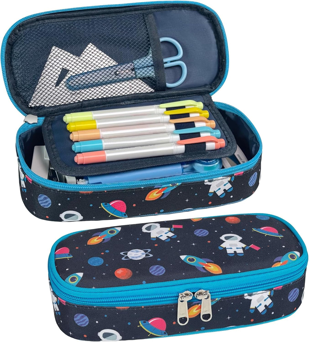 Federmäppchen Jungen - Große Kinder Federtasche Für Kita Und Schule | Robust, Wasserabweisend, Mäppchen Jungs Mit 2 Fächern, Netztasche & Stifthalter Für Schnelle Ordnung, Blau Weltraum