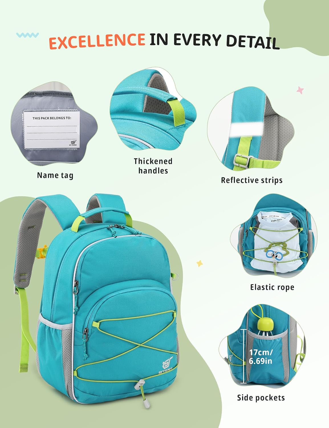 SKYSPER Rucksack Kinder 12L, Kinder Wanderrucksack Ab 6-10 Jahre | Kindergartenrucksack Mit Brustgurt Für Brotdose, Kindergarten, Schule, Ausflüge Und Wanderungen,Grün