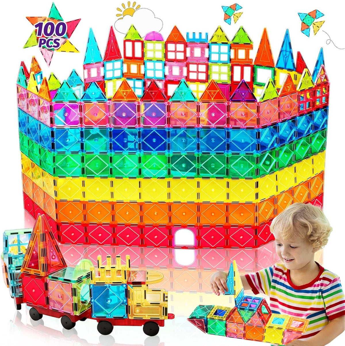 100PCS Magnetische Bausteine Mit 2 Autos Magnetbausteine Kinder Magnetspiel Montessori Magnet Bausteine Magnetic Tiles Building Blocks Weihnachts Magnete Geschenk Spielzeug Ab 3 4 5 6 7+ Junge Mädchen
