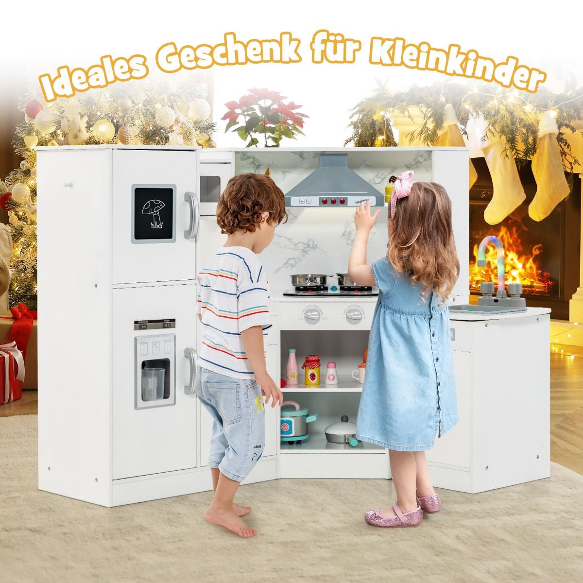 Holz Eck Kinderküche Mit Licht & Sound & Tafel & Zubehör Kinderküche Spielküche Holzküche