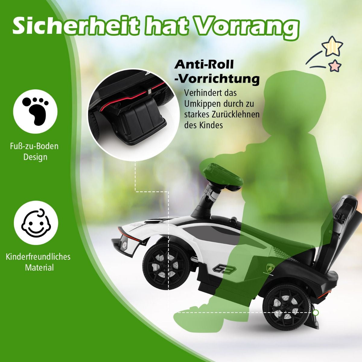 Lamborghini Rutschauto Rutschfahrzeug Mit Schiebstange & Stauraum Schiebeauto Mit Lenkrad Weiß