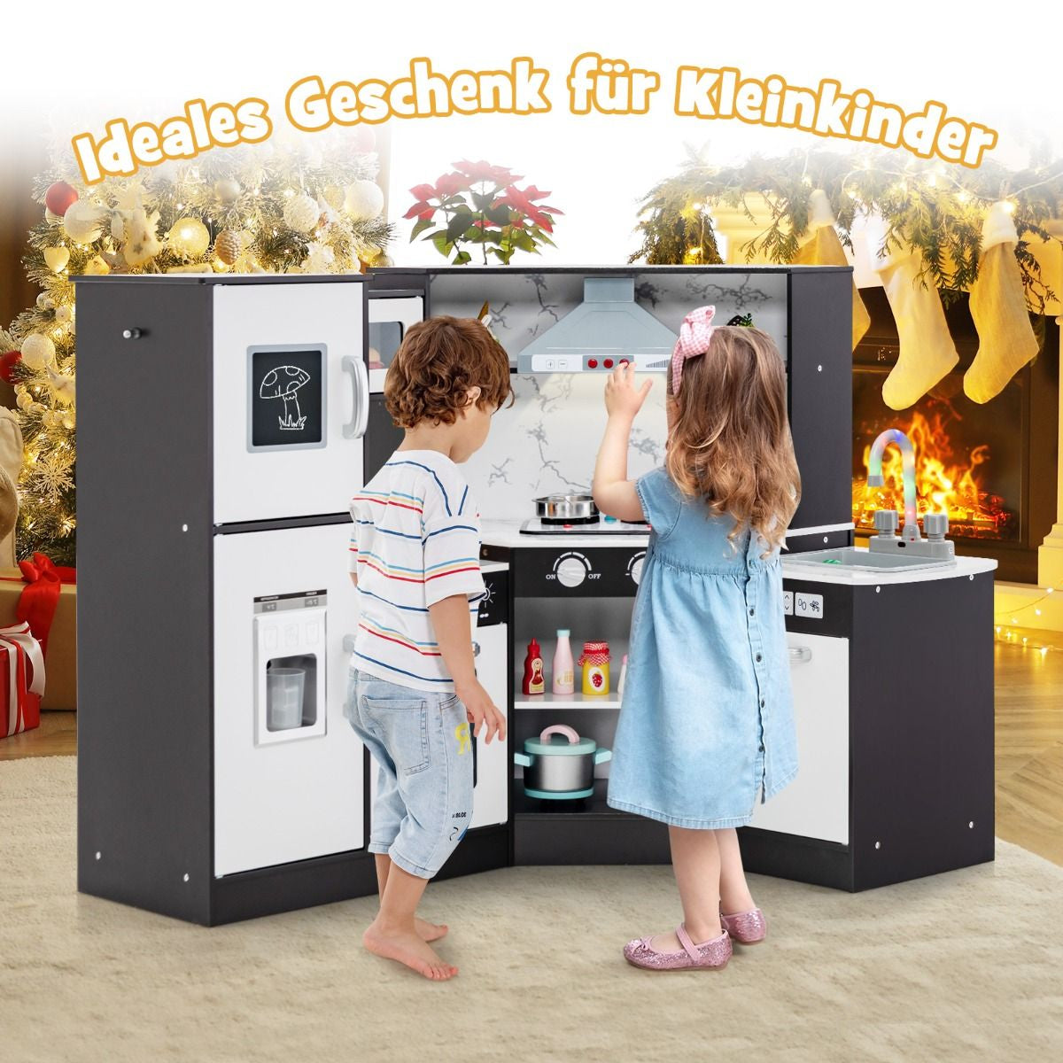 Holz Eck Kinderküche Mit Licht & Sound & Tafel & Zubehör Kinderküche Spielküche Holzküche