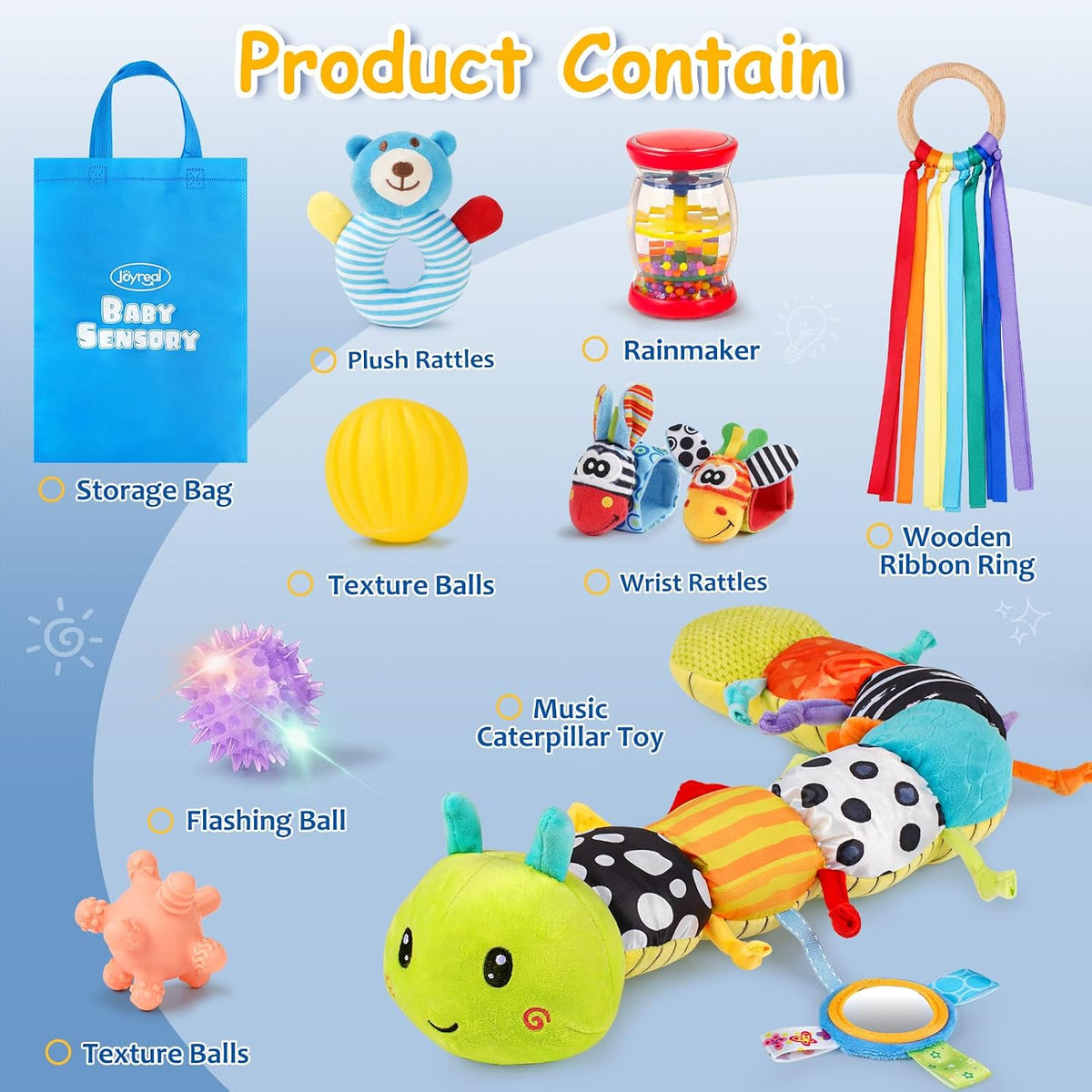 Joyreal Baby Spielzeug 0-6 Monate, 10-Teiliges Set Für Neugeborene Sensorikspielzeug, Baby Raupe Musikspielzeug, Rasseln, Bänder, Tummy Time Toys, Geschenk Von 3, 6, 9 Monaten