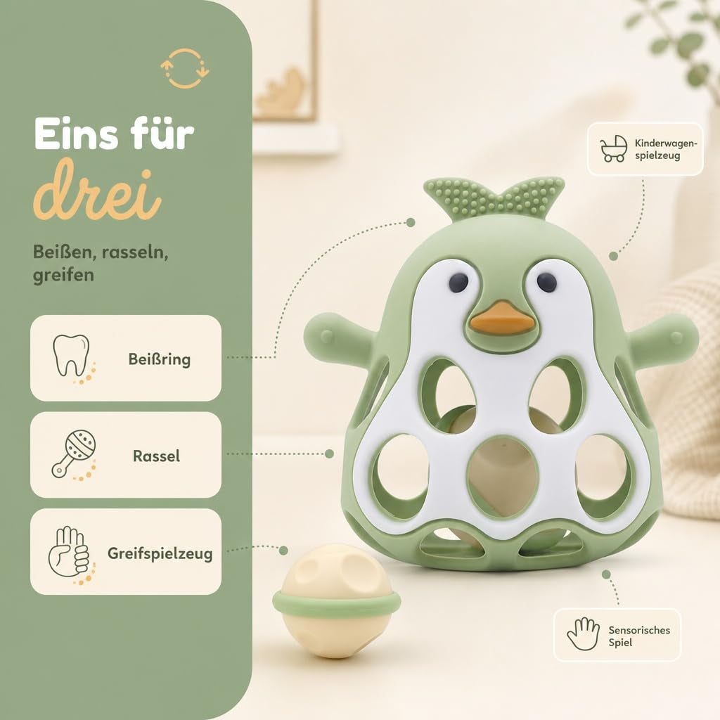 Farout Pinguin Rassel - Beißring Baby & Montessori Spielzeug - Motorikspielzeug Babyrassel Für 3 Monate - Babyspielzeug Ab 3 Monate, Geschenk Für Jungen & Mädchen. (Olive)