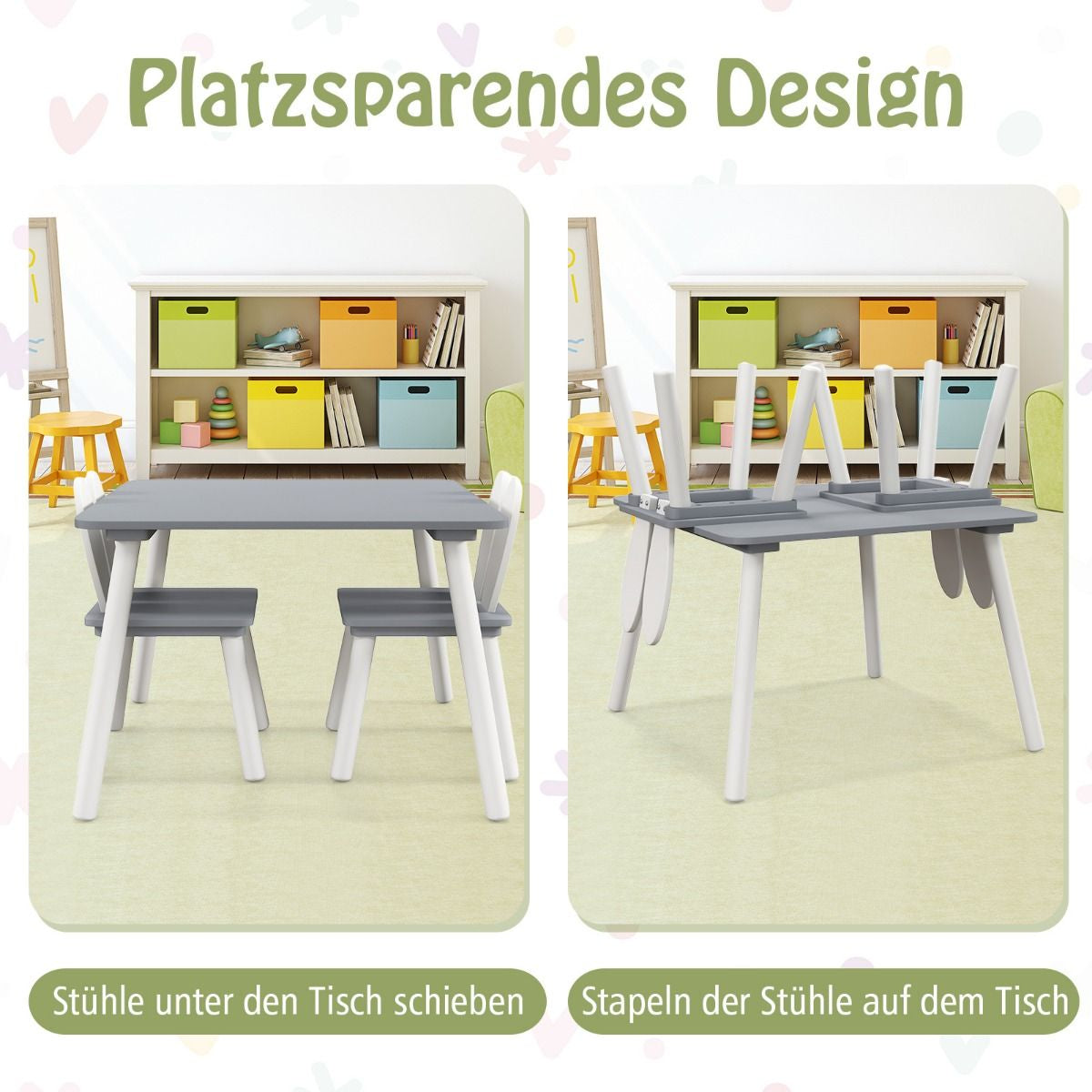Kindertisch Mit 2 Stühlen 3 TLG. Kindersitzgruppe Mit Massivholzbeine Weiß/Rosa/Grau