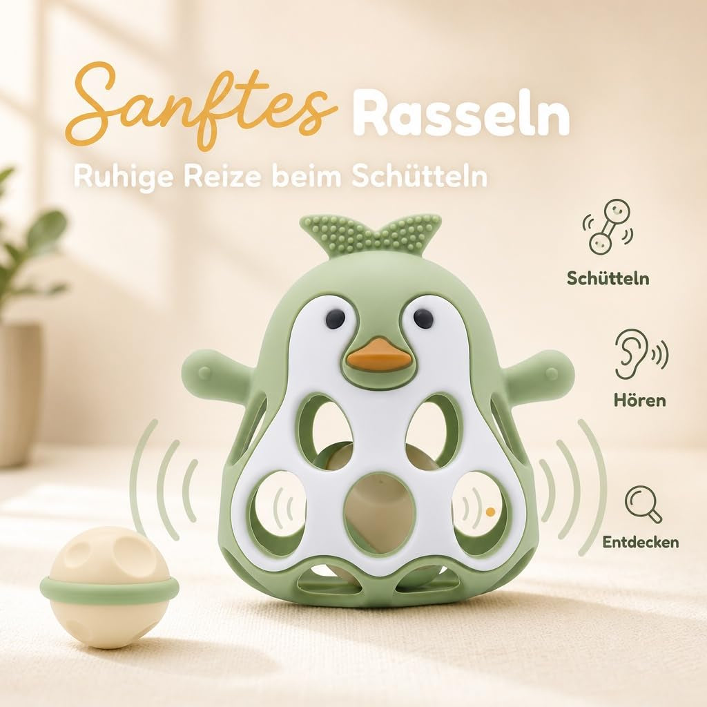 Farout Pinguin Rassel - Beißring Baby & Montessori Spielzeug - Motorikspielzeug Babyrassel Für 3 Monate - Babyspielzeug Ab 3 Monate, Geschenk Für Jungen & Mädchen. (Olive)