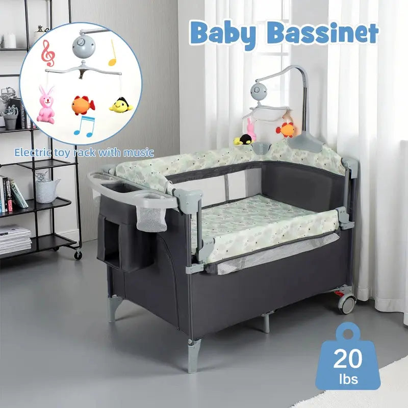 Aobtkel Rectangular Steel Frame Metal Pack and Play Playard - Nursery Furniture for Newborn & Infant (0-2 Years, under 35In Tall, 39.4"X27.6"X30.3") with Bassinet, Changing Table, Lockable Wheels, Portable Music Box, Foldable