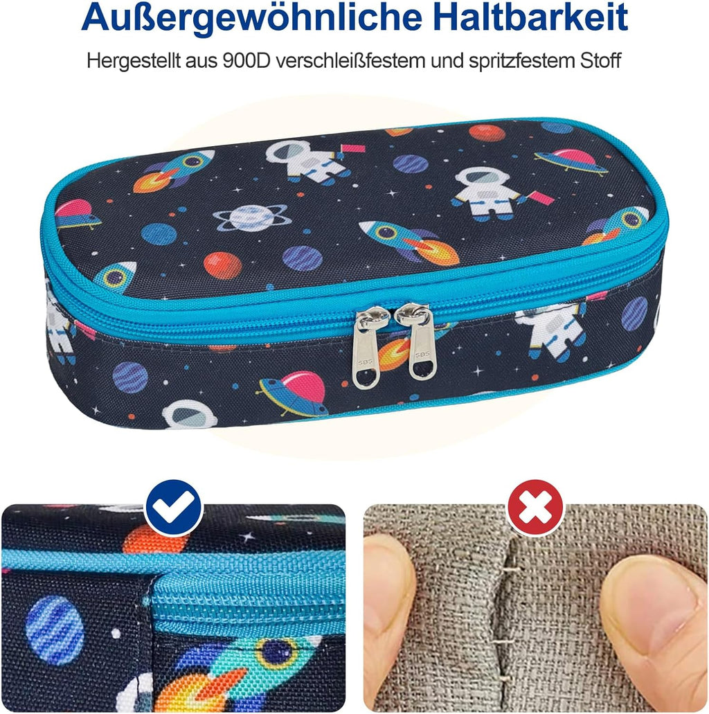 Federmäppchen Jungen - Große Kinder Federtasche Für Kita Und Schule | Robust, Wasserabweisend, Mäppchen Jungs Mit 2 Fächern, Netztasche & Stifthalter Für Schnelle Ordnung, Blau Weltraum