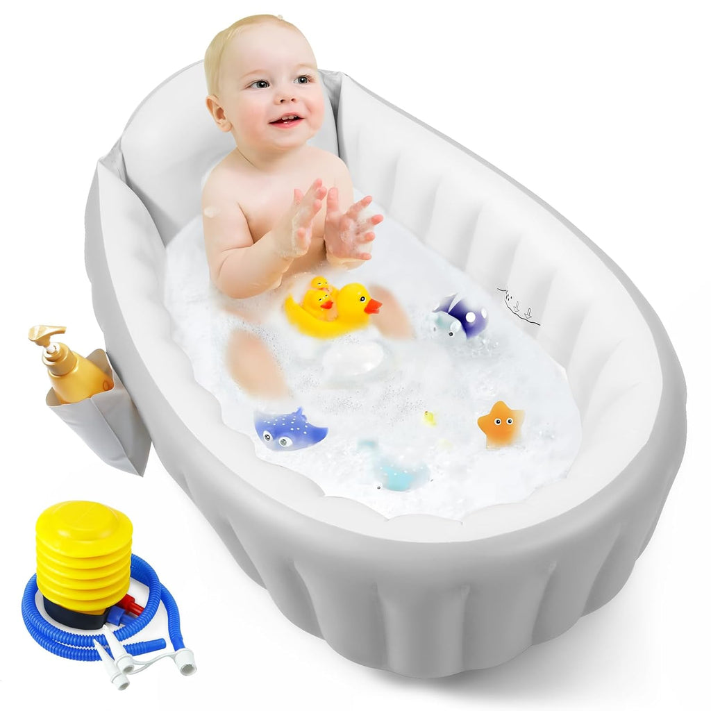 Pandaear Baby Badewanne Aufblasbar (98X64X28Cm) - Faltbare Reisebadewanne Für Babys 0-36 Monate, Rutschfest & Ergonomisch, Inkl. Fußpumpe & Seitentasche, Bpa-Frei, Modernes Grau