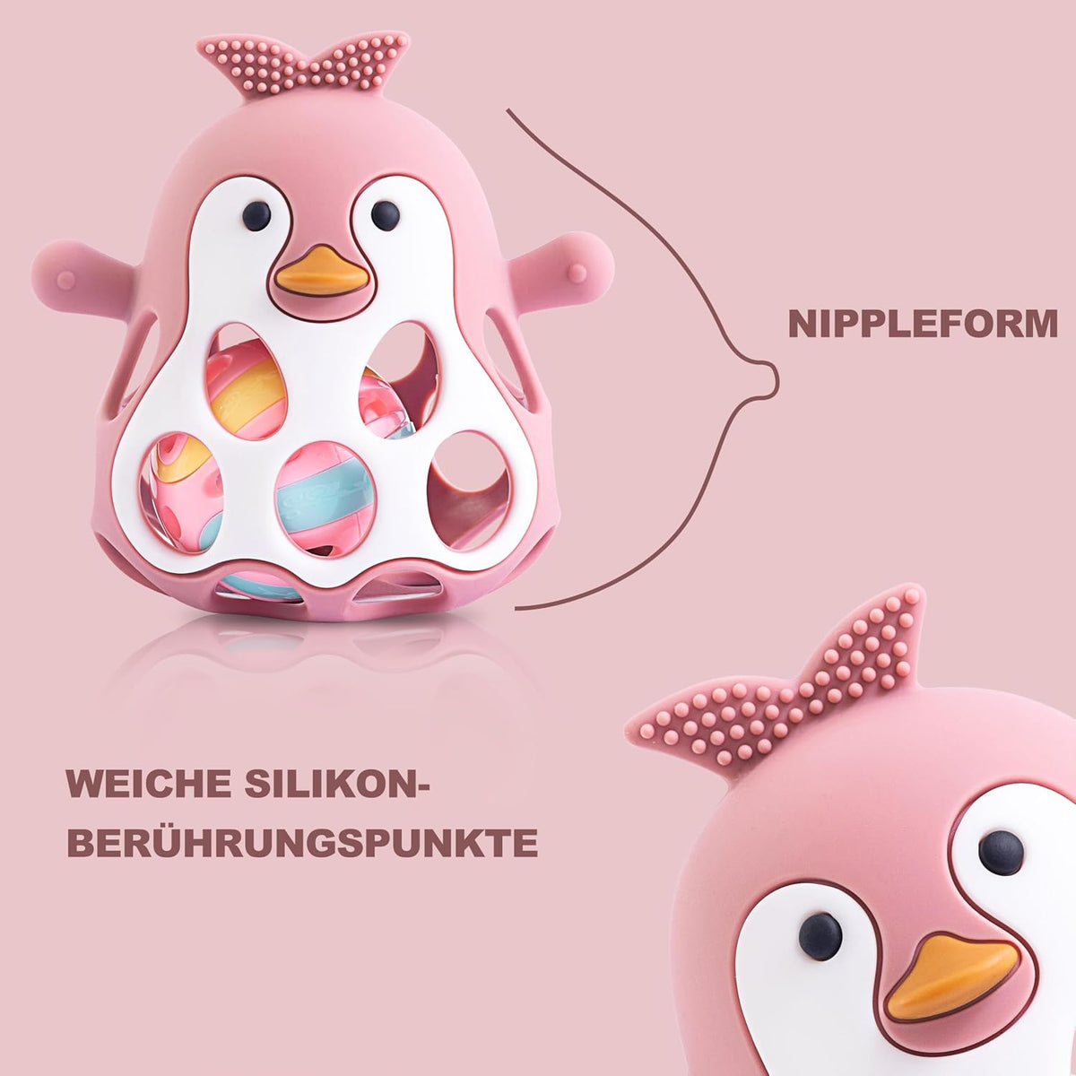 Farout Pinguin Rassel - Beißring Baby & Montessori Spielzeug - Motorikspielzeug Babyrassel Für 3 Monate - Babyspielzeug Ab 3 Monate, Geschenk Für Jungen & Mädchen. (Olive)