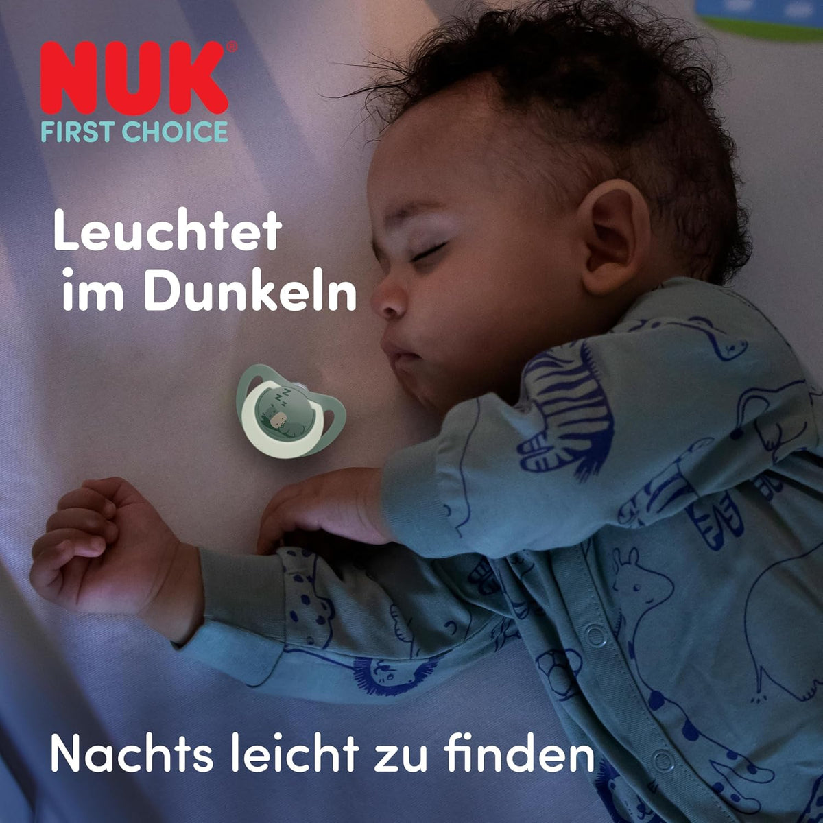 NUK First Choice Night Baby Schnuller | 6-18 Monate | Orthodontische Schnuller, Die Im Dunkeln Leuchten | Beruhigt 99% Aller Babys** | Nilpferd/Koala | 0-2 Stück