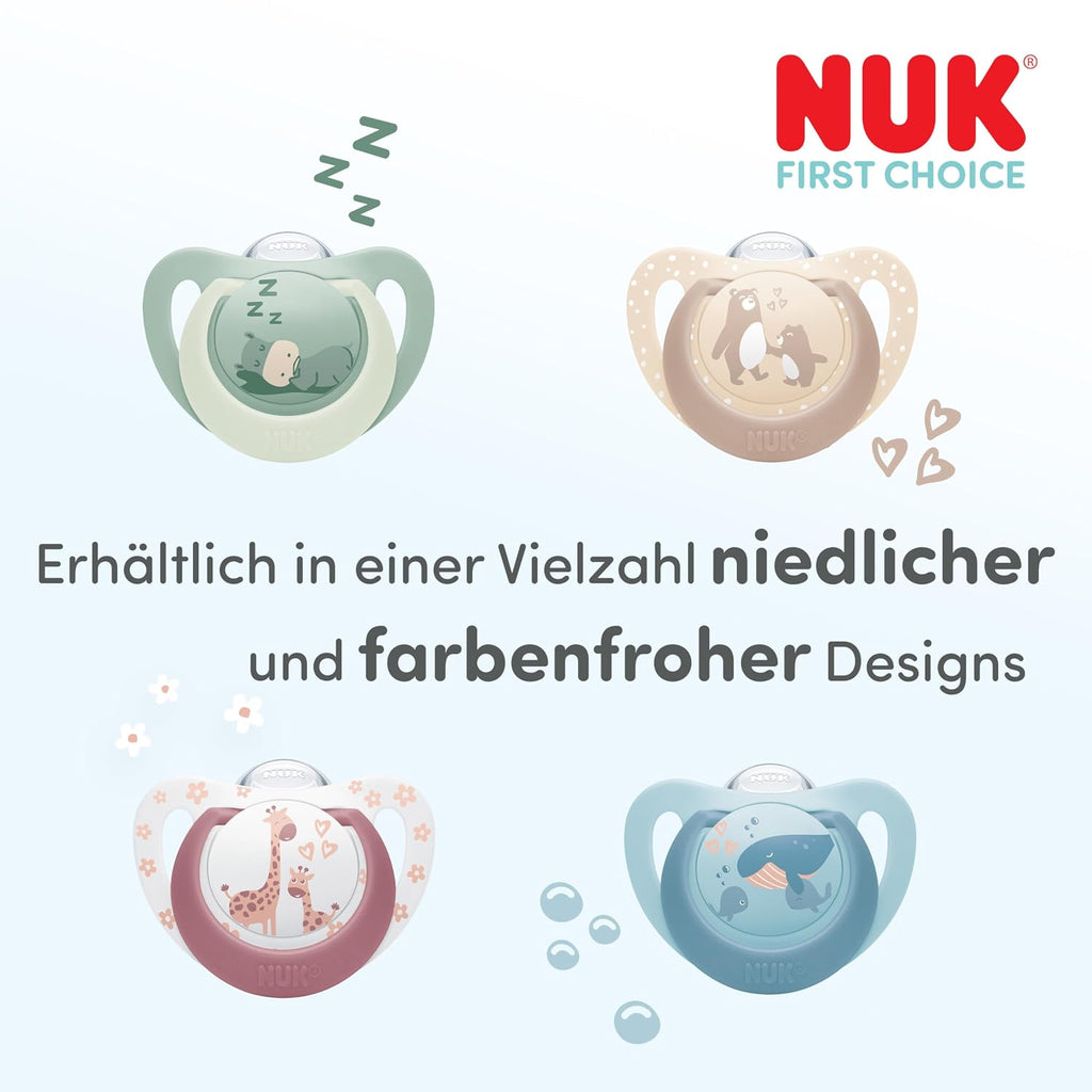NUK First Choice Night Baby Schnuller | 6-18 Monate | Orthodontische Schnuller, Die Im Dunkeln Leuchten | Beruhigt 99% Aller Babys** | Nilpferd/Koala | 0-2 Stück