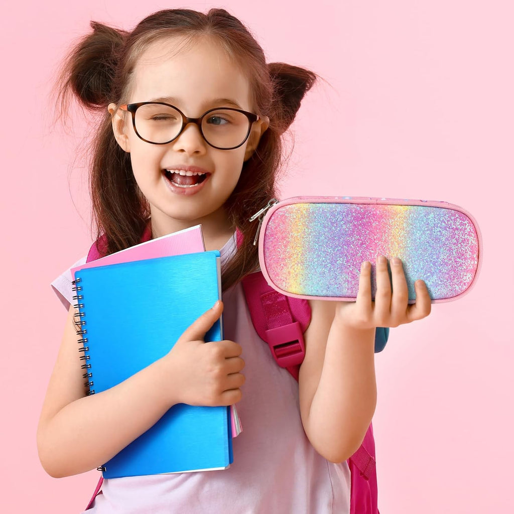 Federmäppchen Mädchen - Große Kinder Federtasche Für Kita & Schule | Robust, Wasserabweisend, Mäppchen Mäppchen Mit 2 Fächern, Netztasche & Stifthalter Für Schnelle Ordnung, Glitzer Rosa Einhorn
