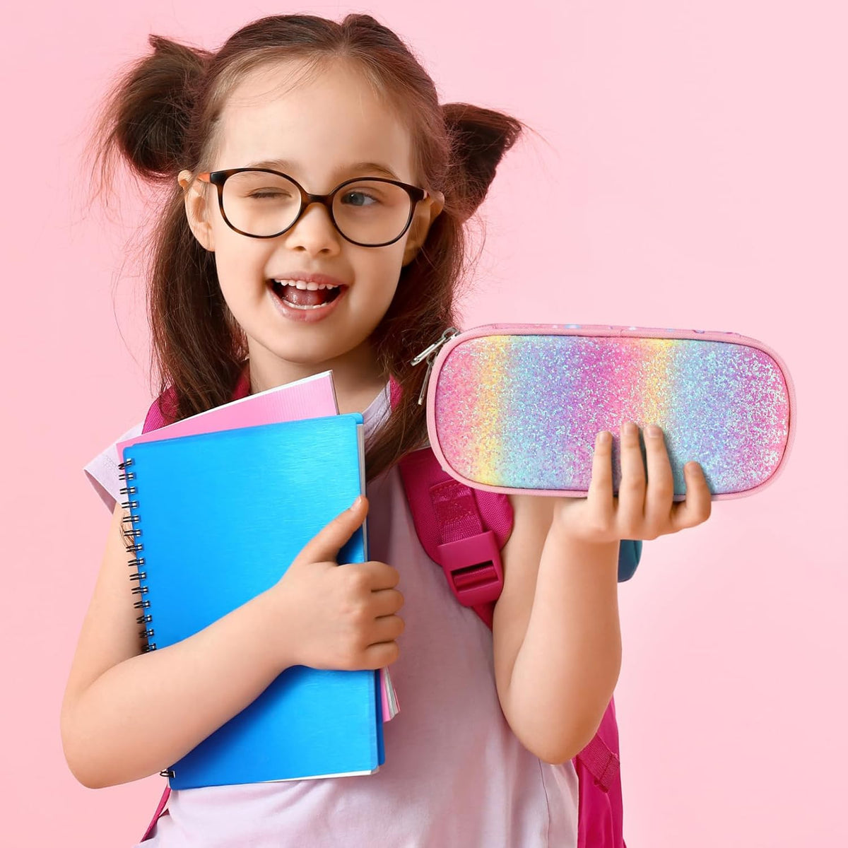Federmäppchen Mädchen - Große Kinder Federtasche Für Kita & Schule | Robust, Wasserabweisend, Mäppchen Mäppchen Mit 2 Fächern, Netztasche & Stifthalter Für Schnelle Ordnung, Glitzer Rosa Einhorn