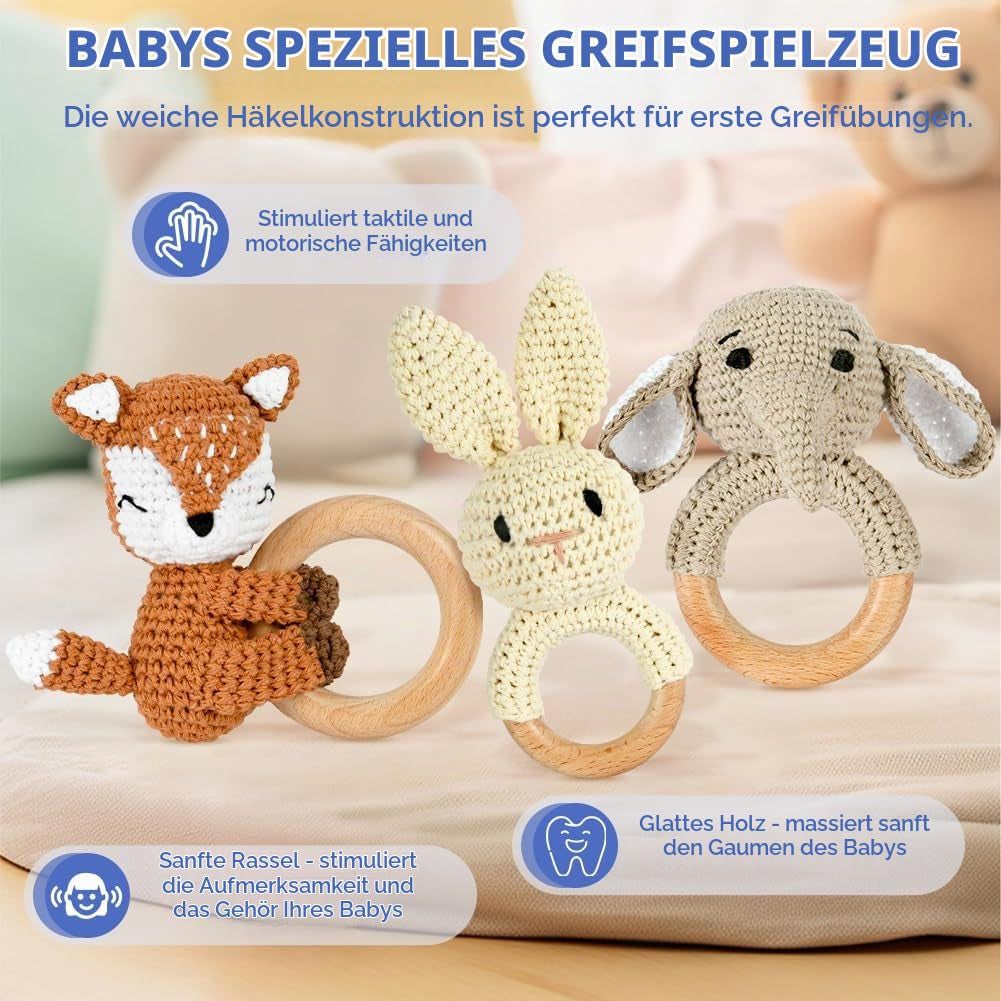 Babyrassel Gehäkelte Greifling, Beißring Baby, Niedlicher Greifling Für Baby, Zahnring Holz, Handmade Rassel Beißring Gehäkelte Tiere Spielzeug Für Babys & Kleinkinder Ab 0 Monate - Fuchs