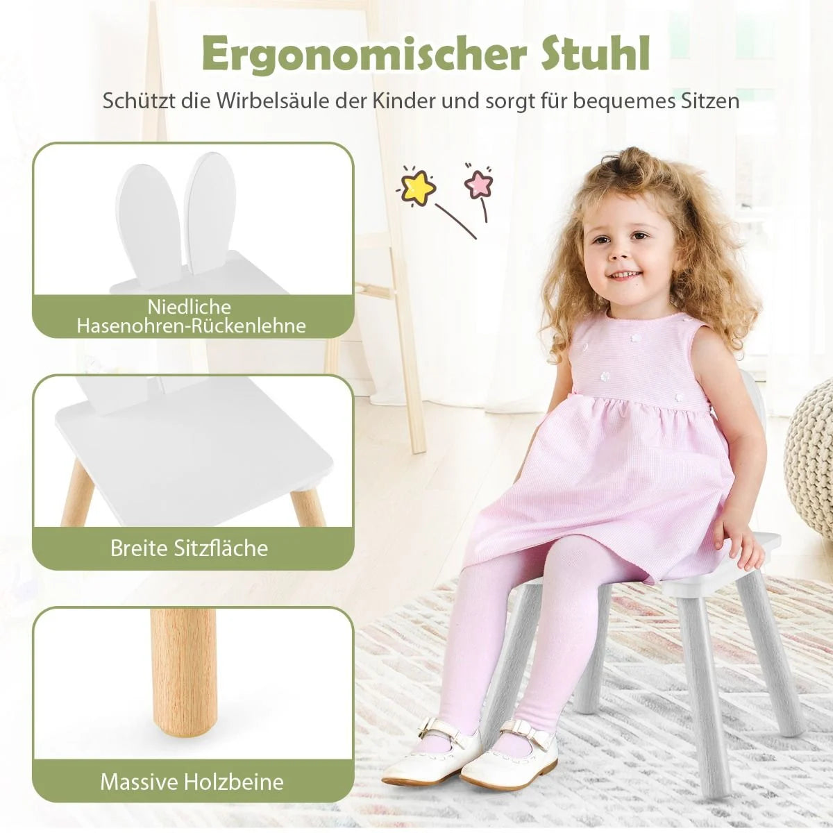 Kindertisch Mit 2 Stühlen 3 TLG. Kindersitzgruppe Mit Massivholzbeine Weiß/Rosa/Grau
