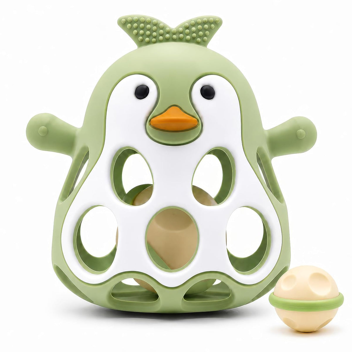 Farout Pinguin Rassel - Beißring Baby & Montessori Spielzeug - Motorikspielzeug Babyrassel Für 3 Monate - Babyspielzeug Ab 3 Monate, Geschenk Für Jungen & Mädchen. (Olive)