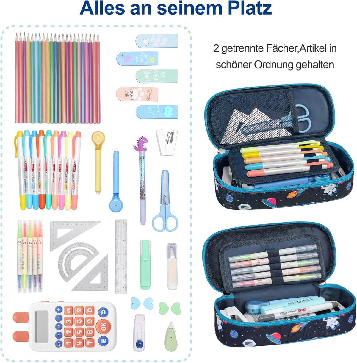 Federmäppchen Jungen - Große Kinder Federtasche Für Kita Und Schule | Robust, Wasserabweisend, Mäppchen Jungs Mit 2 Fächern, Netztasche & Stifthalter Für Schnelle Ordnung, Blau Weltraum
