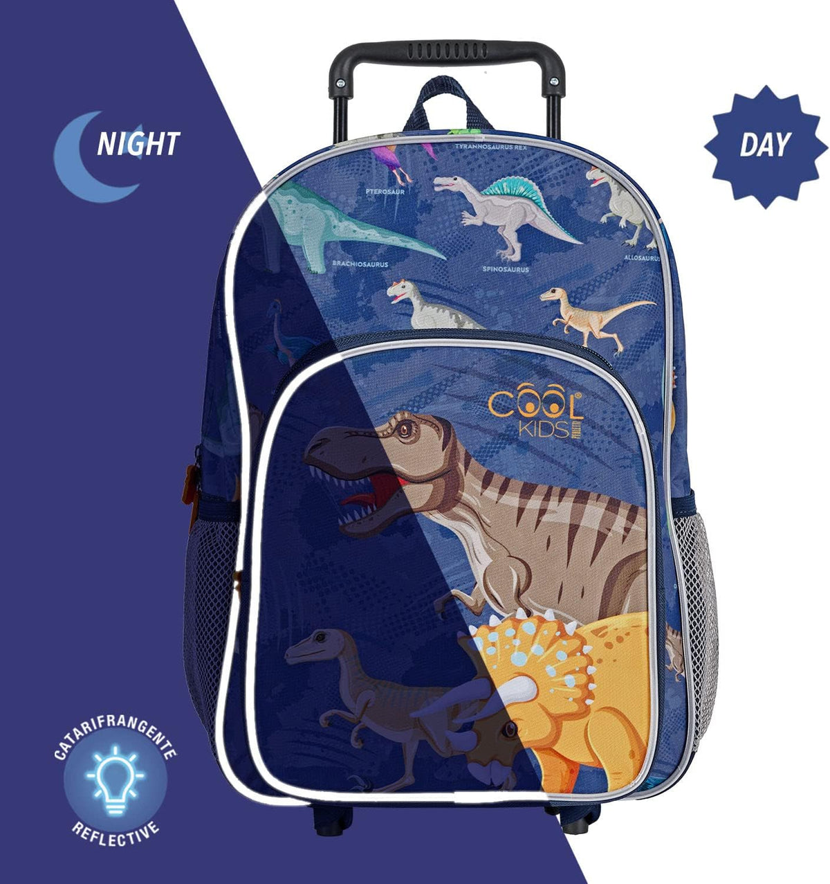PERLETTI Kinder Rucksack Blau Für Kindergarten Jungen 3 4 5 6 Jahre - Kinderrucksack Mit Abnehmbaren Rädern Für Kleinkinder - Pirat Dinosaurier Rollrucksack Mit Reflektierenden Details
