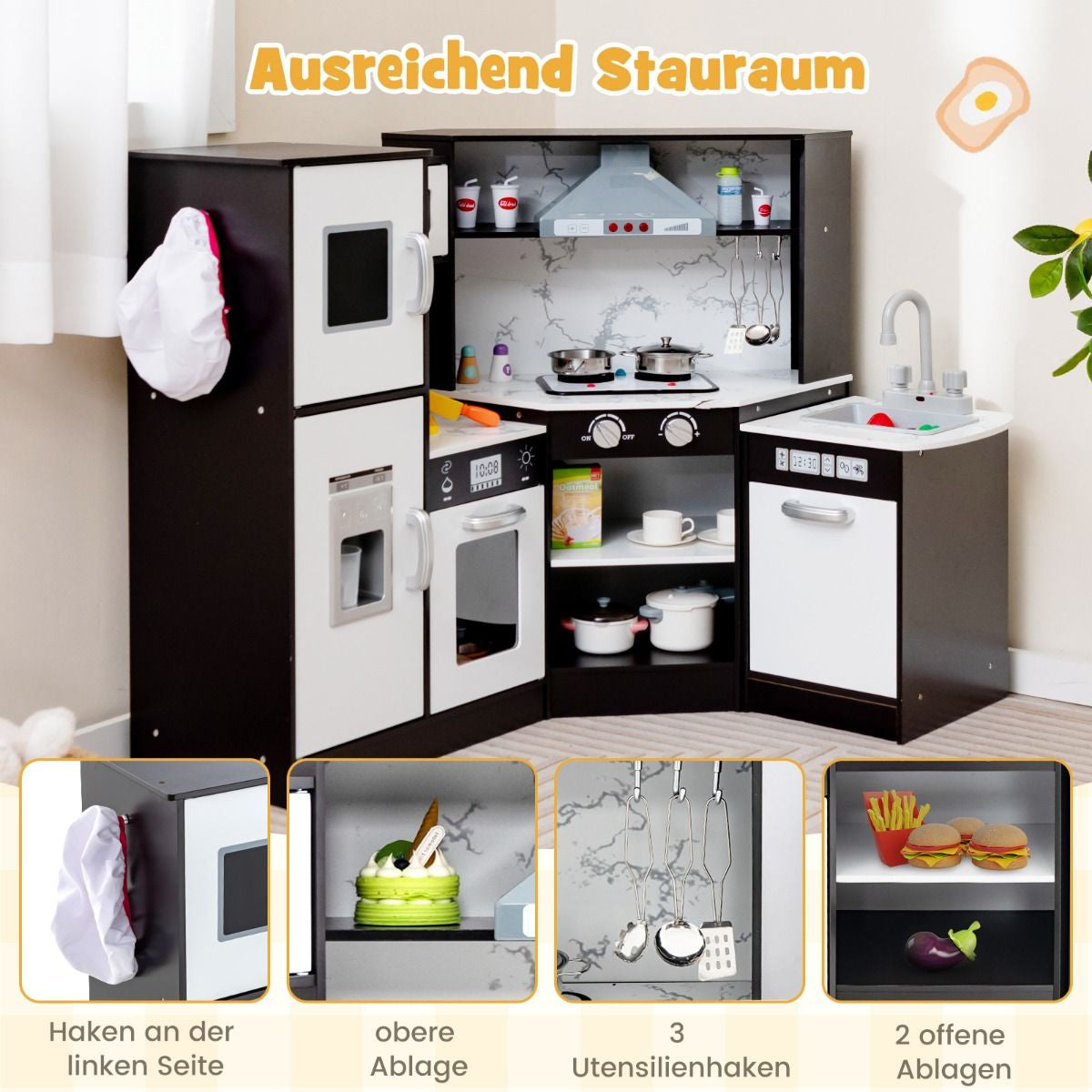 Holz Eck Kinderküche Mit Licht & Sound & Tafel & Zubehör Kinderküche Spielküche Holzküche