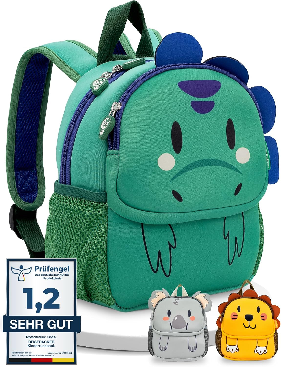 REISERACKER Kindergartenrucksack Ab 1 Jahr Mit Tiermotiv Für Kita – Grün | Wasserabweisend & Kratzfest Mit Reflektoren – Zwei Hauptfächer, Namensschild & Kinderfreundlicher Reißverschluss