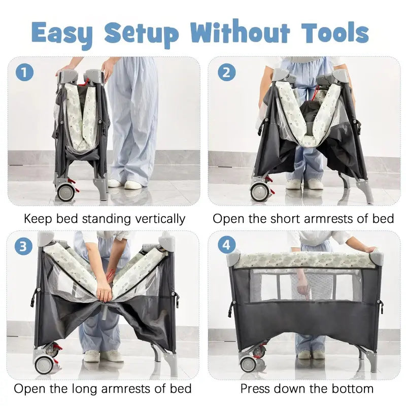 Aobtkel Rectangular Steel Frame Metal Pack and Play Playard - Nursery Furniture for Newborn & Infant (0-2 Years, under 35In Tall, 39.4"X27.6"X30.3") with Bassinet, Changing Table, Lockable Wheels, Portable Music Box, Foldable