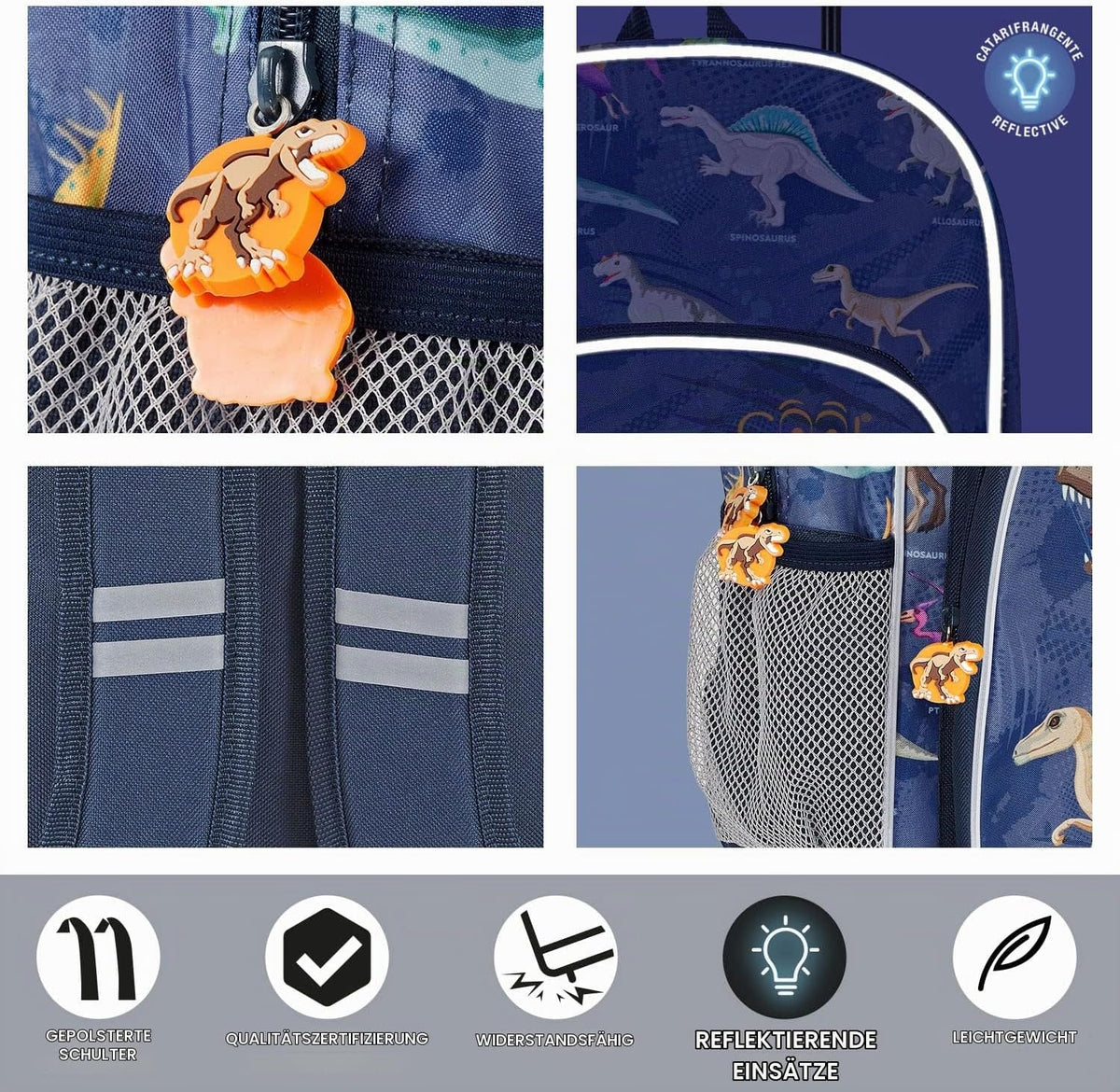 PERLETTI Kinder Rucksack Blau Für Kindergarten Jungen 3 4 5 6 Jahre - Kinderrucksack Mit Abnehmbaren Rädern Für Kleinkinder - Pirat Dinosaurier Rollrucksack Mit Reflektierenden Details