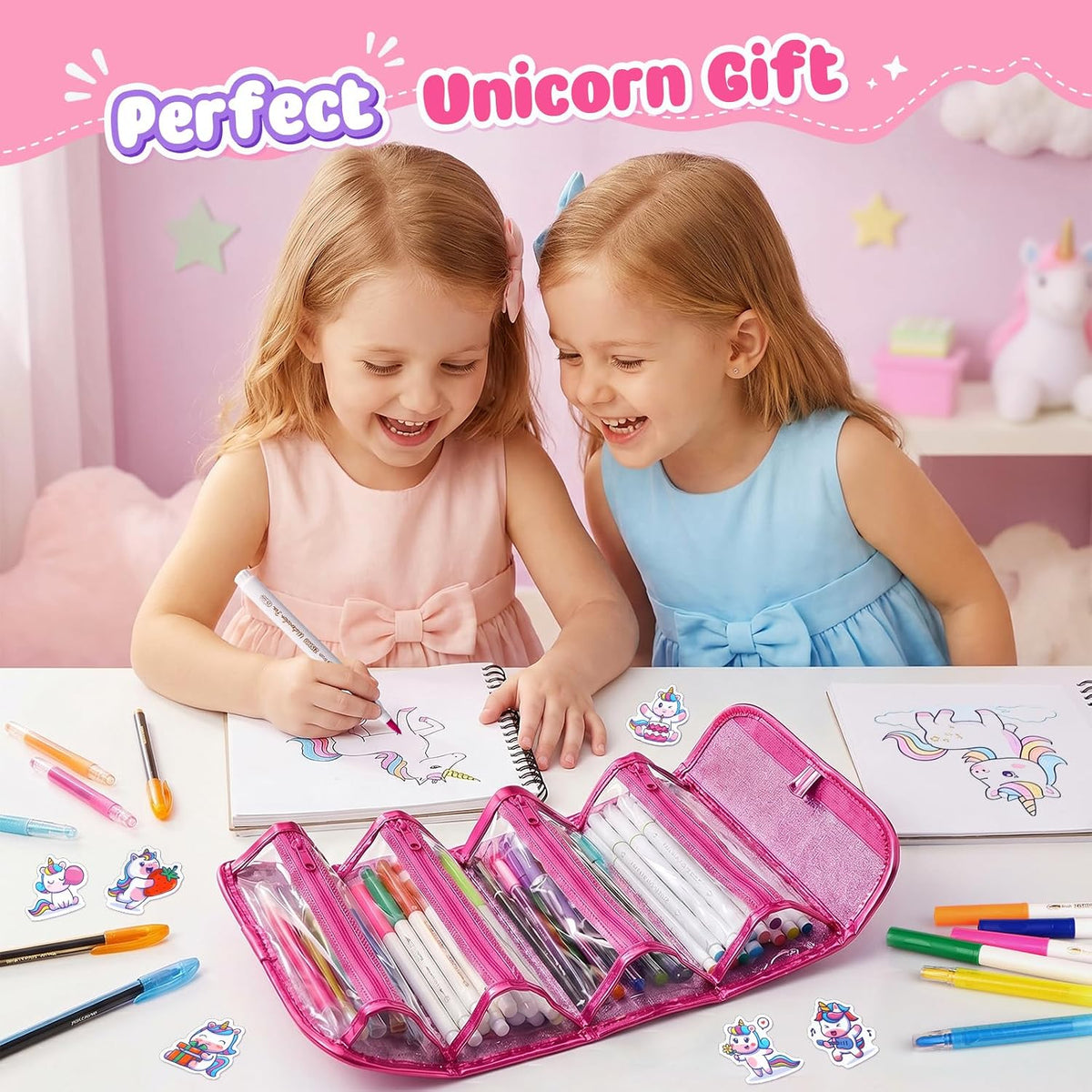 Hot Bee Einhorn Federmäppchen, Einhorn Geschenke Für Mädchen 3-7 Jahre, Filzstifte Glitzerstifte, Bastelset Kinder 3-6 Jahre, Pferde Mädchen Geschenk