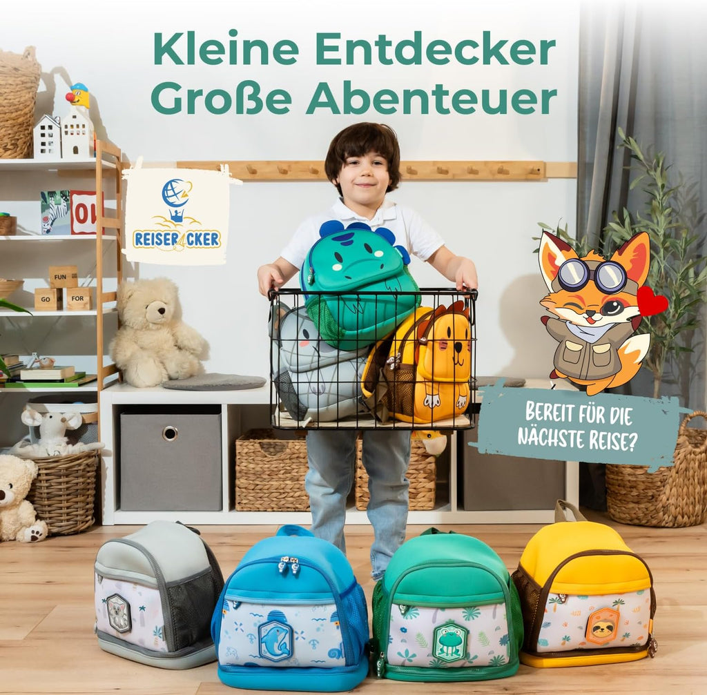 REISERACKER Kindergartenrucksack Ab 1 Jahr Mit Tiermotiv Für Kita – Grün | Wasserabweisend & Kratzfest Mit Reflektoren – Zwei Hauptfächer, Namensschild & Kinderfreundlicher Reißverschluss
