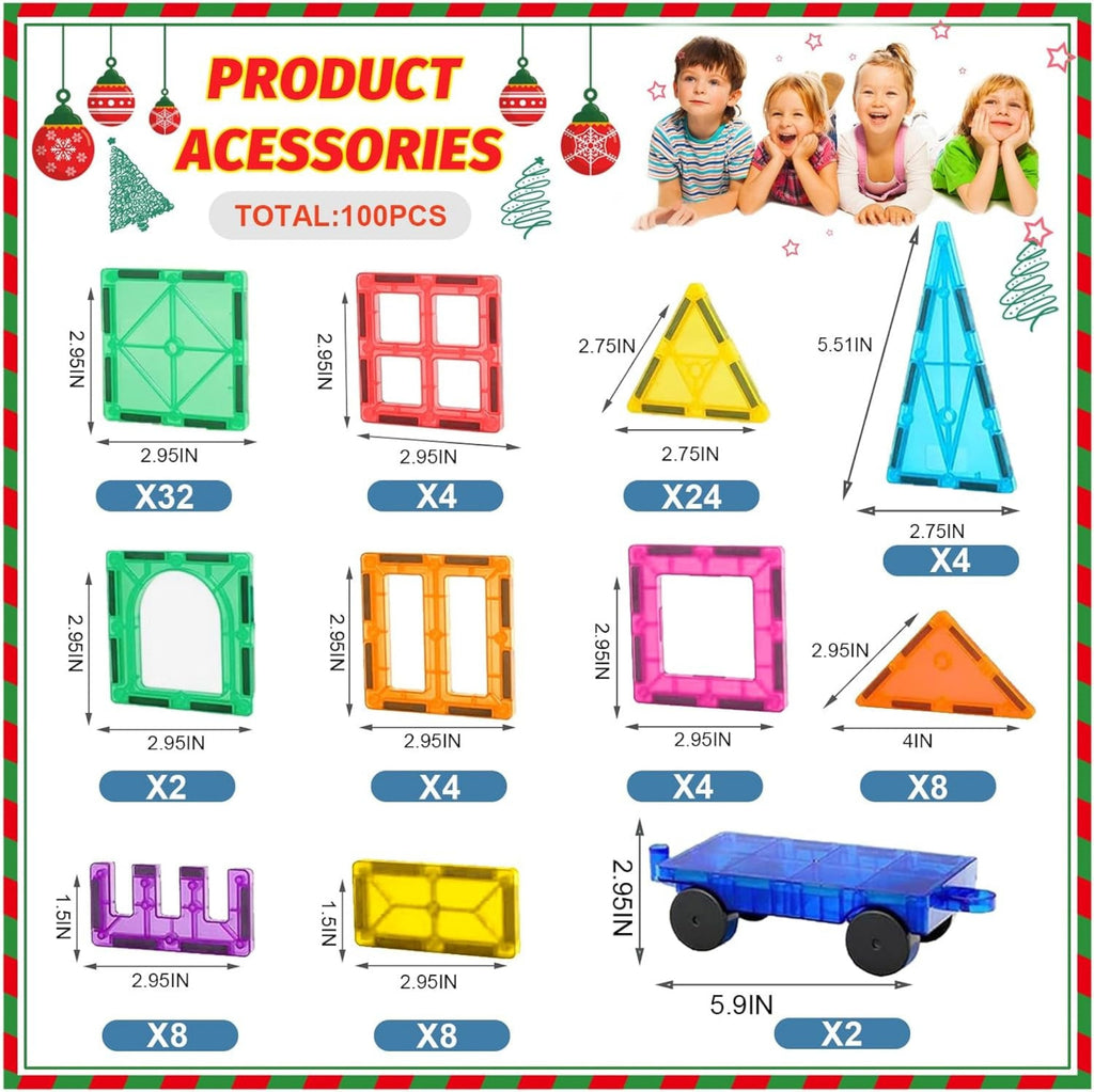100PCS Magnetische Bausteine Mit 2 Autos Magnetbausteine Kinder Magnetspiel Montessori Magnet Bausteine Magnetic Tiles Building Blocks Weihnachts Magnete Geschenk Spielzeug Ab 3 4 5 6 7+ Junge Mädchen