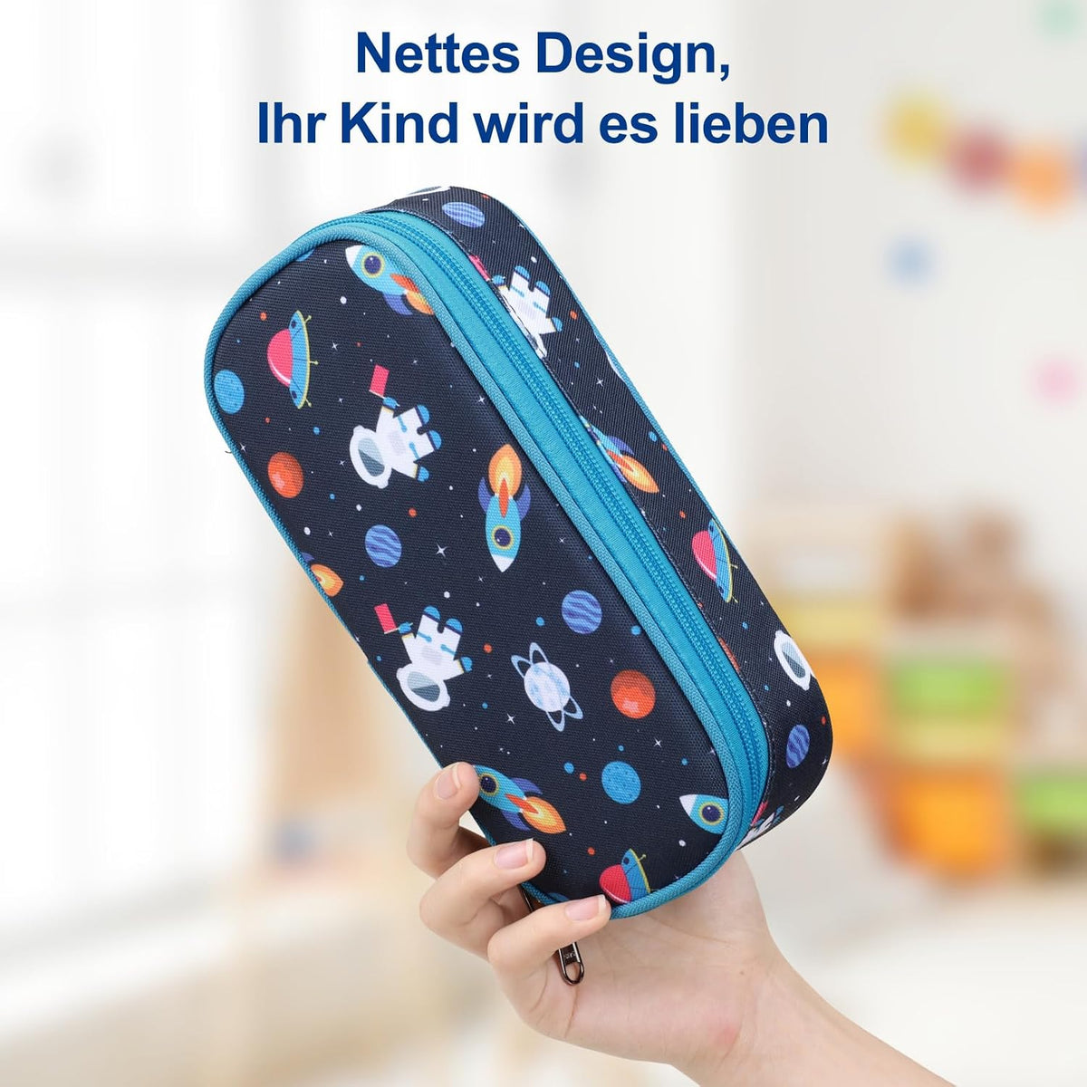 Federmäppchen Jungen - Große Kinder Federtasche Für Kita Und Schule | Robust, Wasserabweisend, Mäppchen Jungs Mit 2 Fächern, Netztasche & Stifthalter Für Schnelle Ordnung, Blau Weltraum