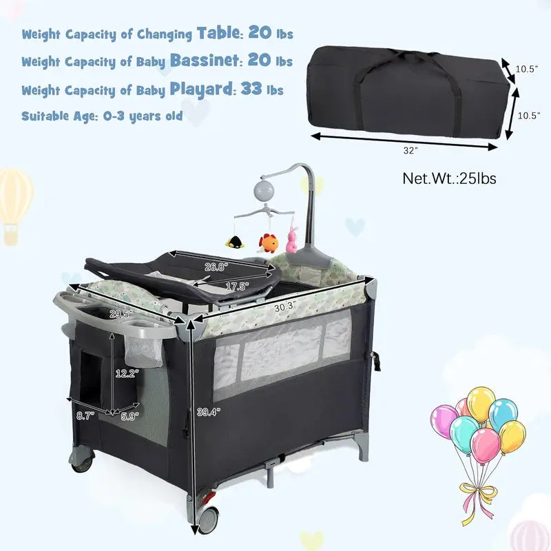 Aobtkel Rectangular Steel Frame Metal Pack and Play Playard - Nursery Furniture for Newborn & Infant (0-2 Years, under 35In Tall, 39.4"X27.6"X30.3") with Bassinet, Changing Table, Lockable Wheels, Portable Music Box, Foldable