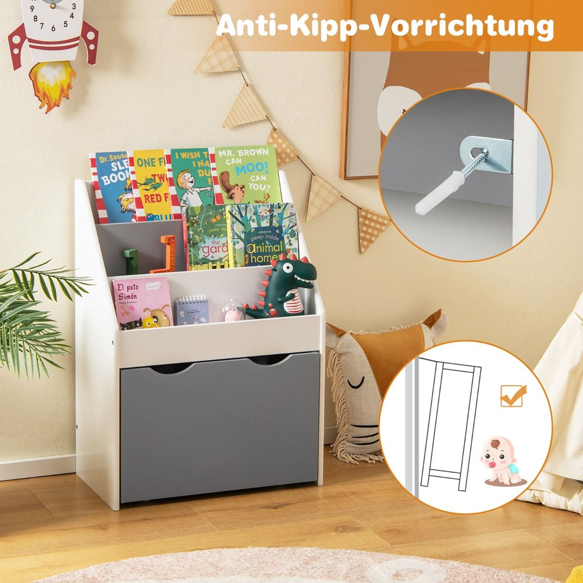 Kinderregal Mit 3 Ablagen & Rollender Spielzeugkiste Kinder Bücherregal Grau + Weiß