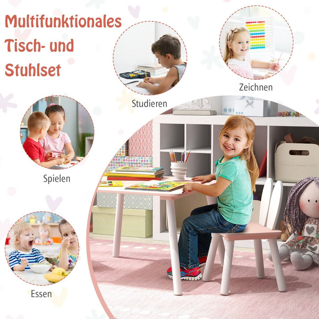 Kindertisch Mit 2 Stühlen 3 TLG. Kindersitzgruppe Mit Massivholzbeine Weiß/Rosa/Grau