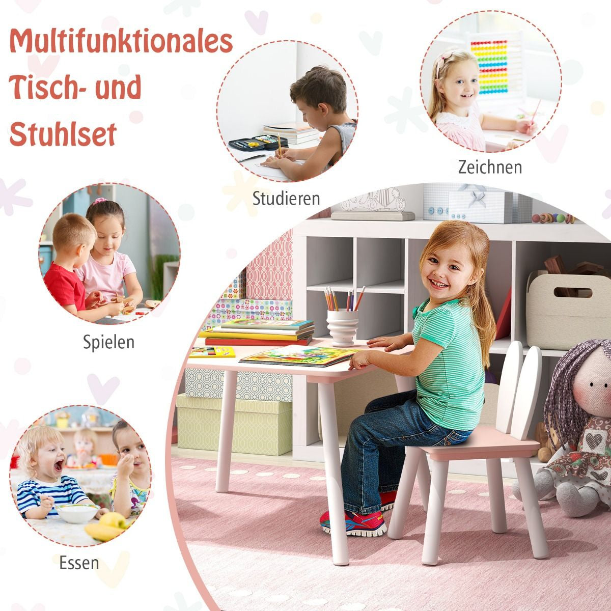 Kindertisch Mit 2 Stühlen 3 TLG. Kindersitzgruppe Mit Massivholzbeine Weiß/Rosa/Grau