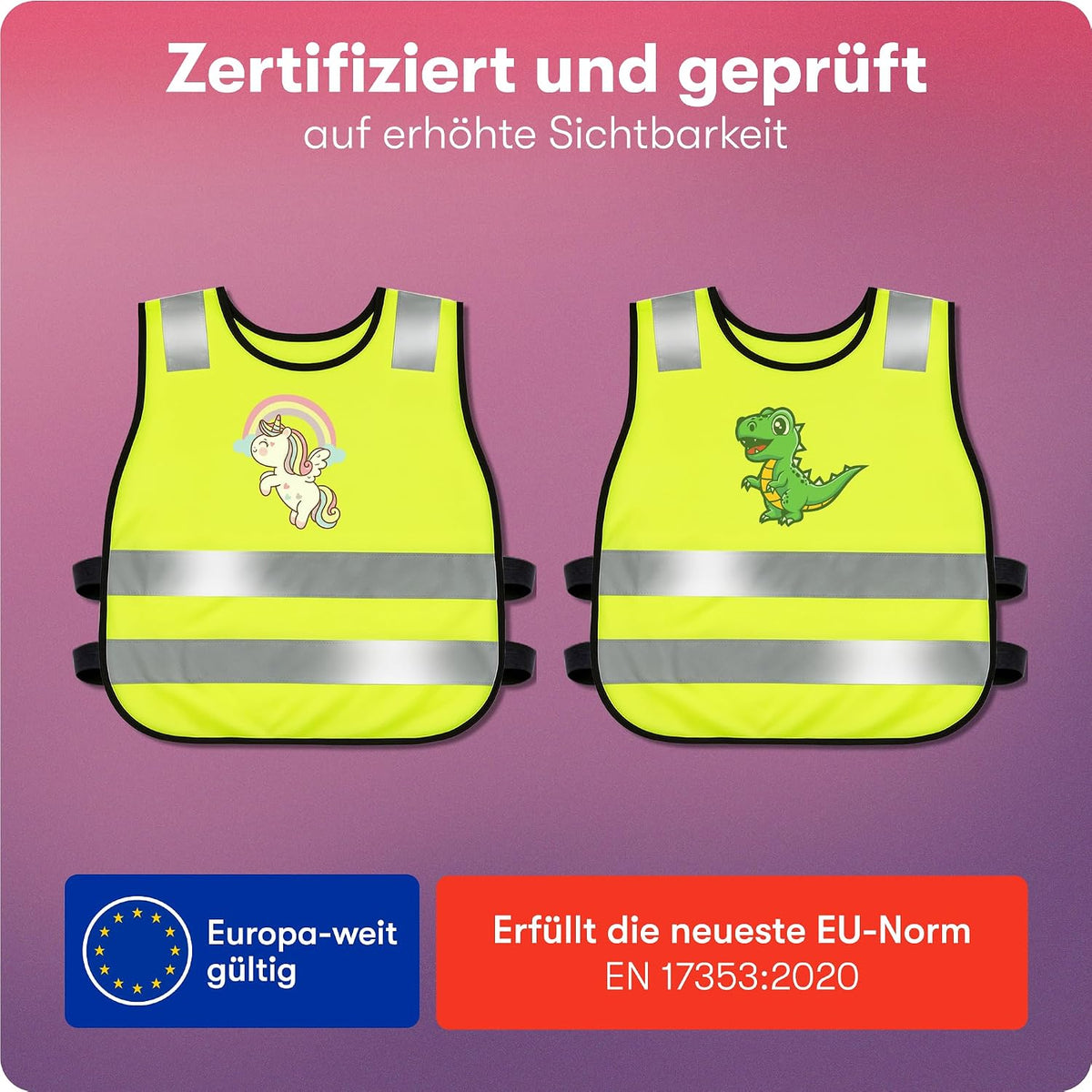 PURAHELP® Warnweste Kinder (3-12 Jahre) Sicherheitsweste [2 Stück] | [Dino & Einhorn] Für Den Schulweg, Fahrrad, Kindergarten - Reflektierende Warnweste Gelb