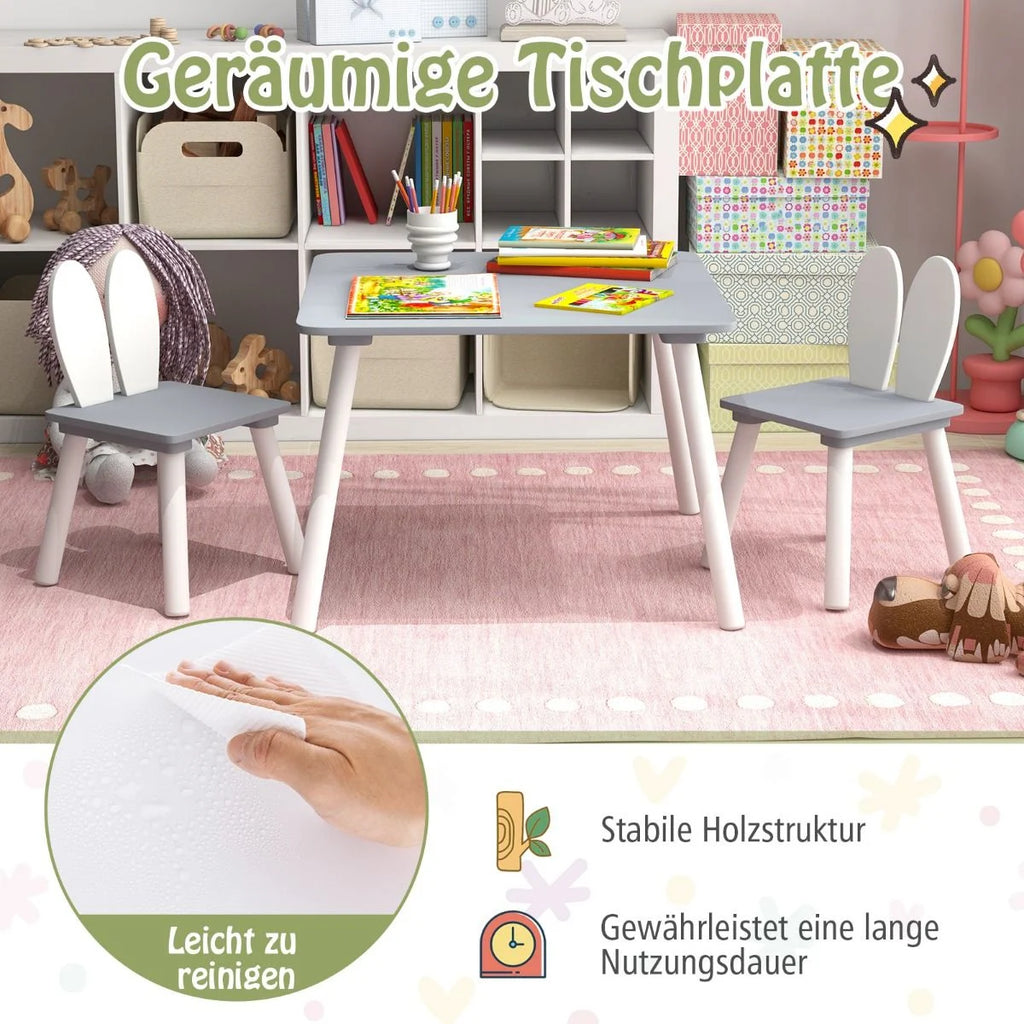 Kindertisch Mit 2 Stühlen 3 TLG. Kindersitzgruppe Mit Massivholzbeine Weiß/Rosa/Grau