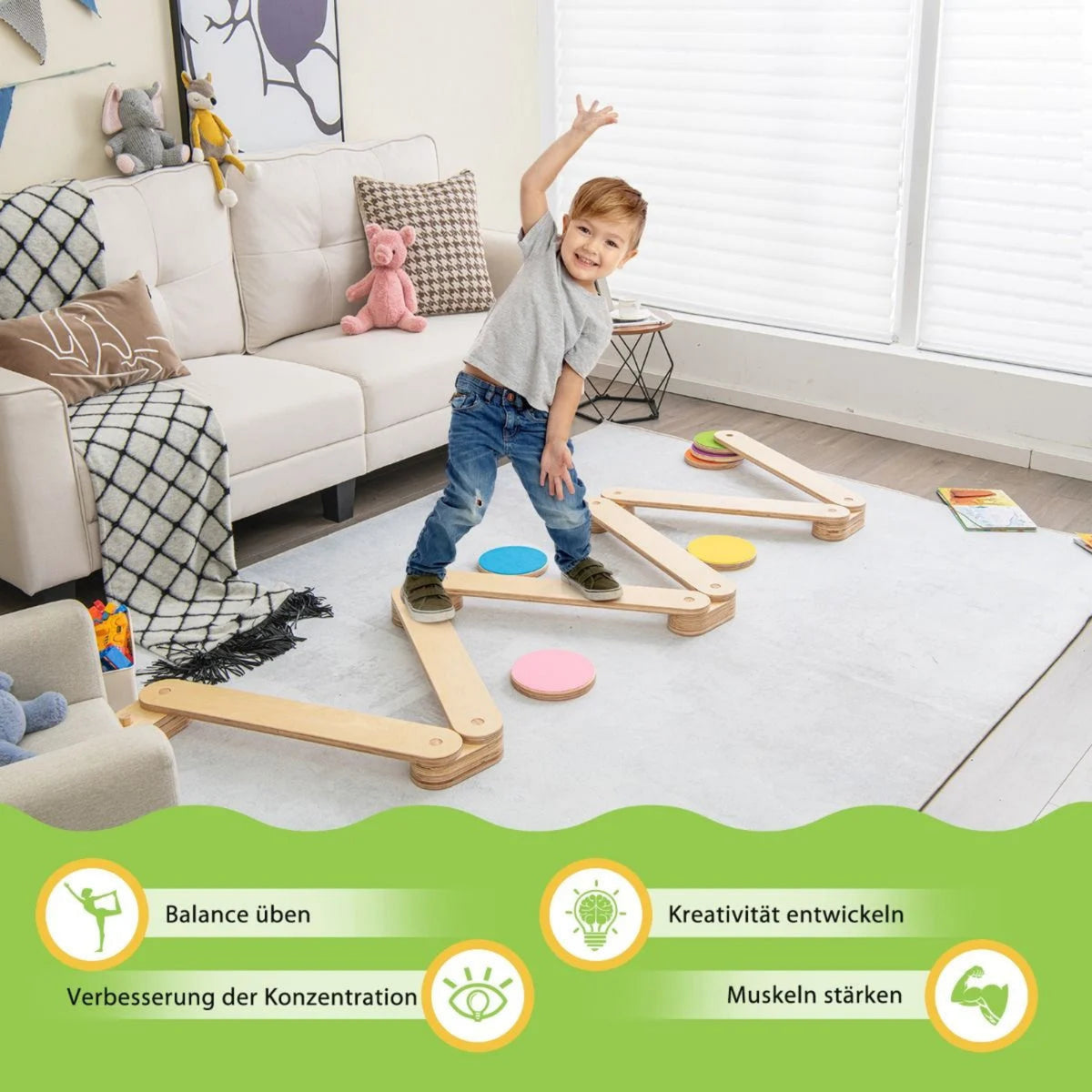 12 Tlg. Balancierbalken Mit 6 Balanciersteine Frei Kombinierbar Aus Holz Für Kinder