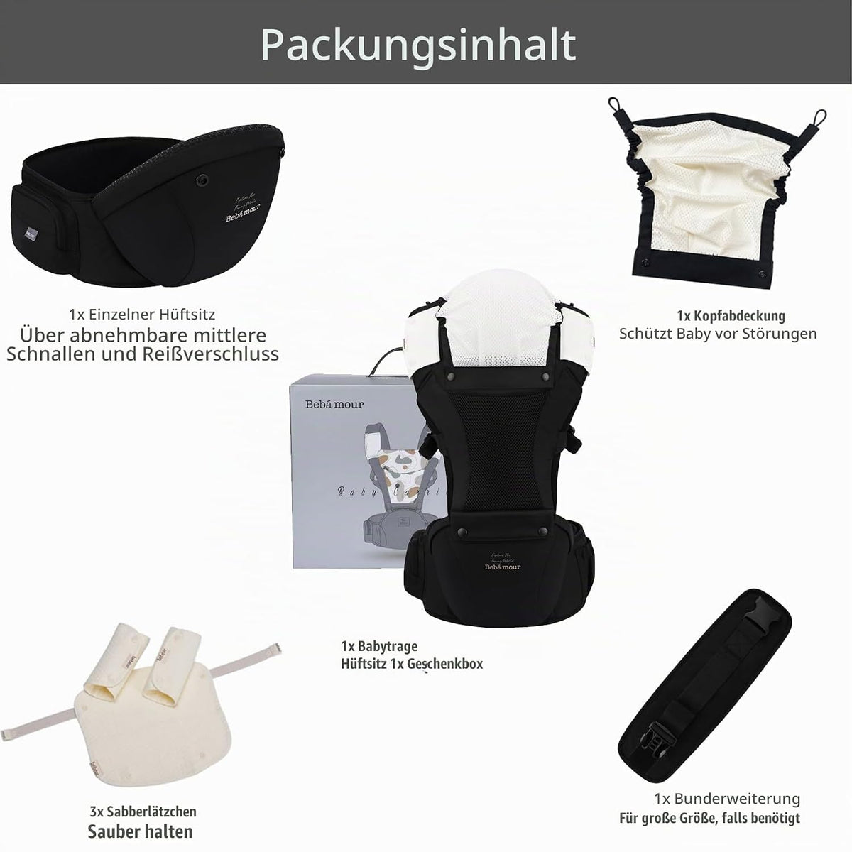 Bebamour Babytrage Für Neugeborene Bis Kleinkinder, Hüftsitz, 0-36 Monate, Kopfhaube, 3 Stück Zahnungspads, Taillenverlängerung, Schwarz