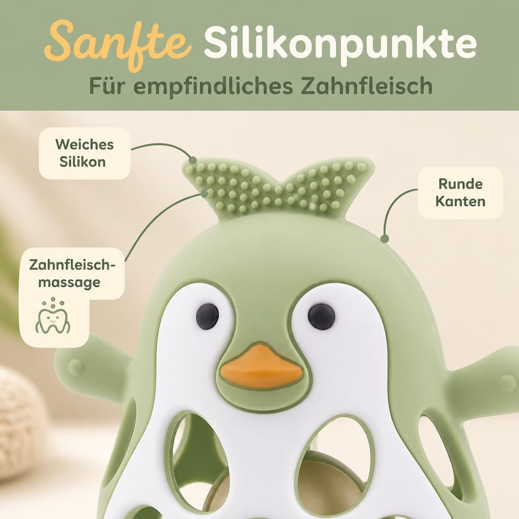 Farout Pinguin Rassel - Beißring Baby & Montessori Spielzeug - Motorikspielzeug Babyrassel Für 3 Monate - Babyspielzeug Ab 3 Monate, Geschenk Für Jungen & Mädchen. (Olive)