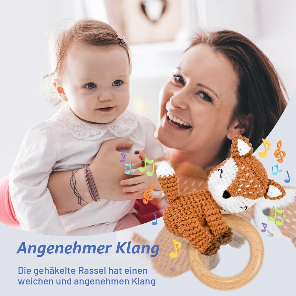Babyrassel Gehäkelte Greifling, Beißring Baby, Niedlicher Greifling Für Baby, Zahnring Holz, Handmade Rassel Beißring Gehäkelte Tiere Spielzeug Für Babys & Kleinkinder Ab 0 Monate - Fuchs